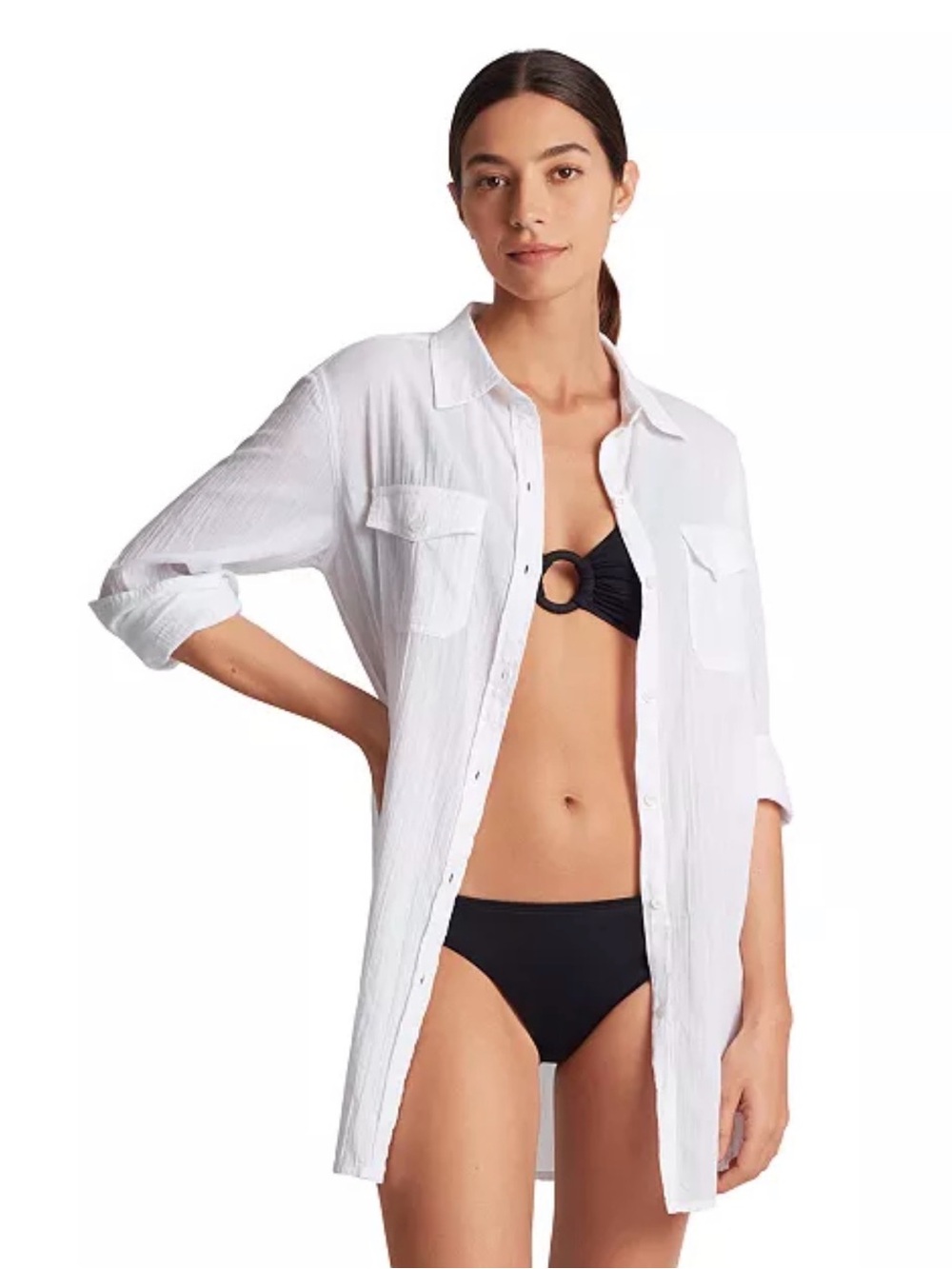 NWT Lauren Ralph Lauren Organic Cotton Crinkle Swim Cover-Up Shirt Dress M White